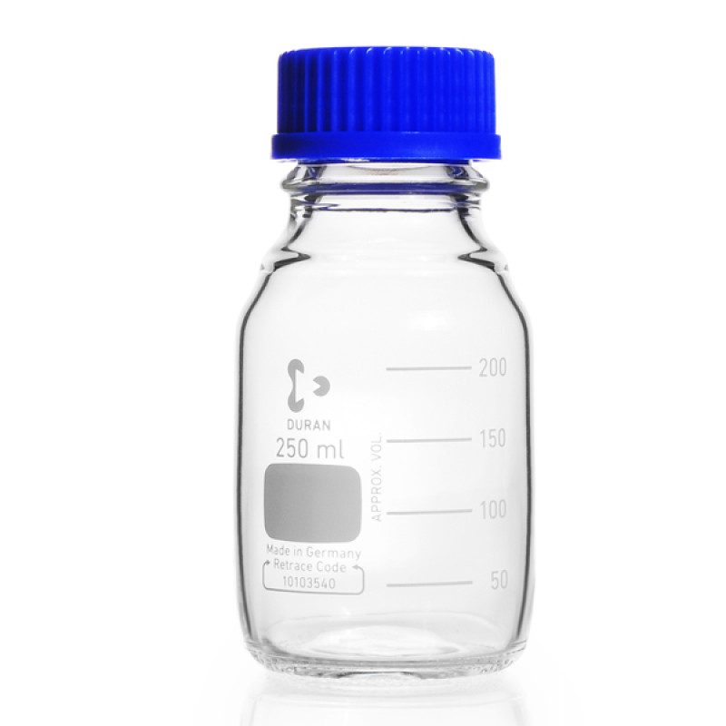 LAB BOTTLE, PP W/SCREW, PP RING 250ML CLEAR DURAN 25 EA